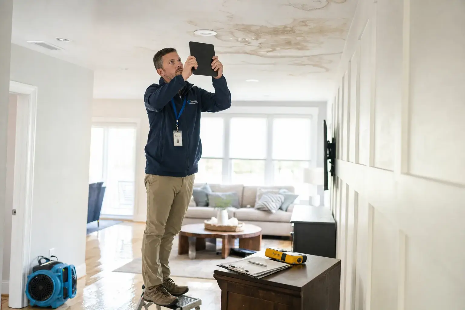 A property insurance claims adjuster on a step stool photographing water damage on a living-room ceiling with a tablet, a moisture meter and clipboard on a side table nearby