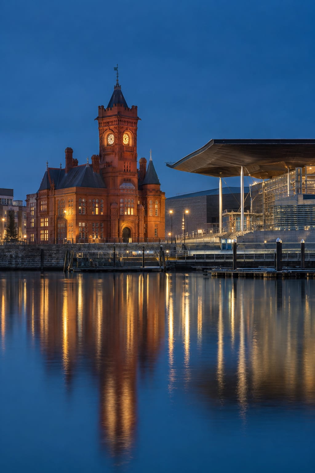 The Pierhead Building and the Senedd at Cardiff Bay at blue hour