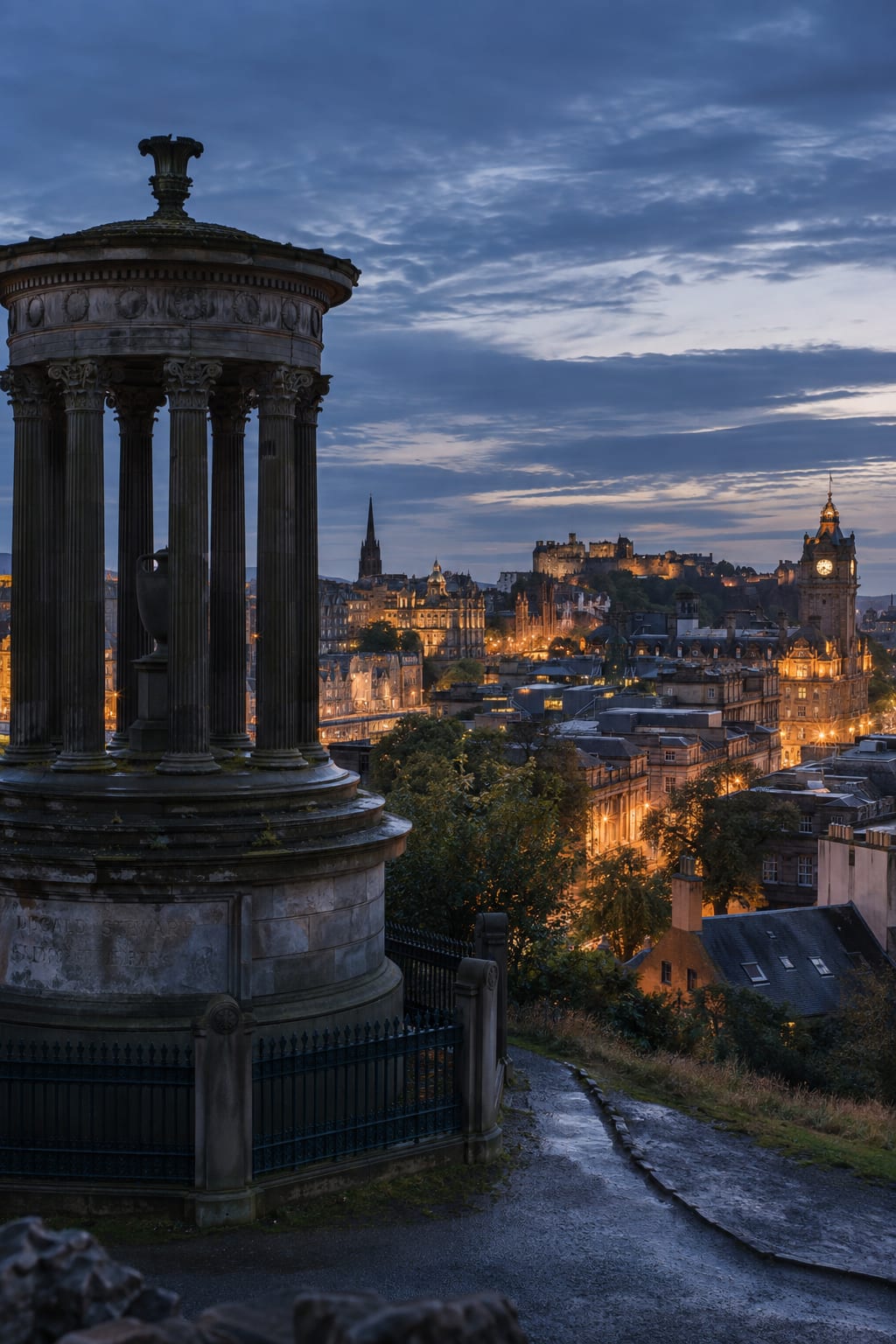 Edinburgh Old Town skyline and the Balmoral clock tower at blue hour from Calton Hill