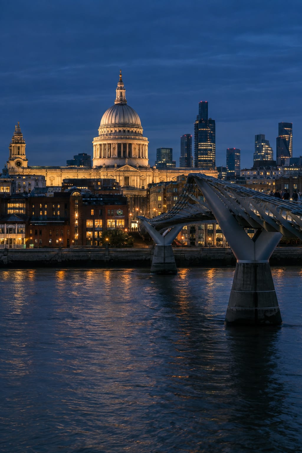 St Paul's Cathedral and the Millennium Bridge at blue hour from the south bank of the Thames