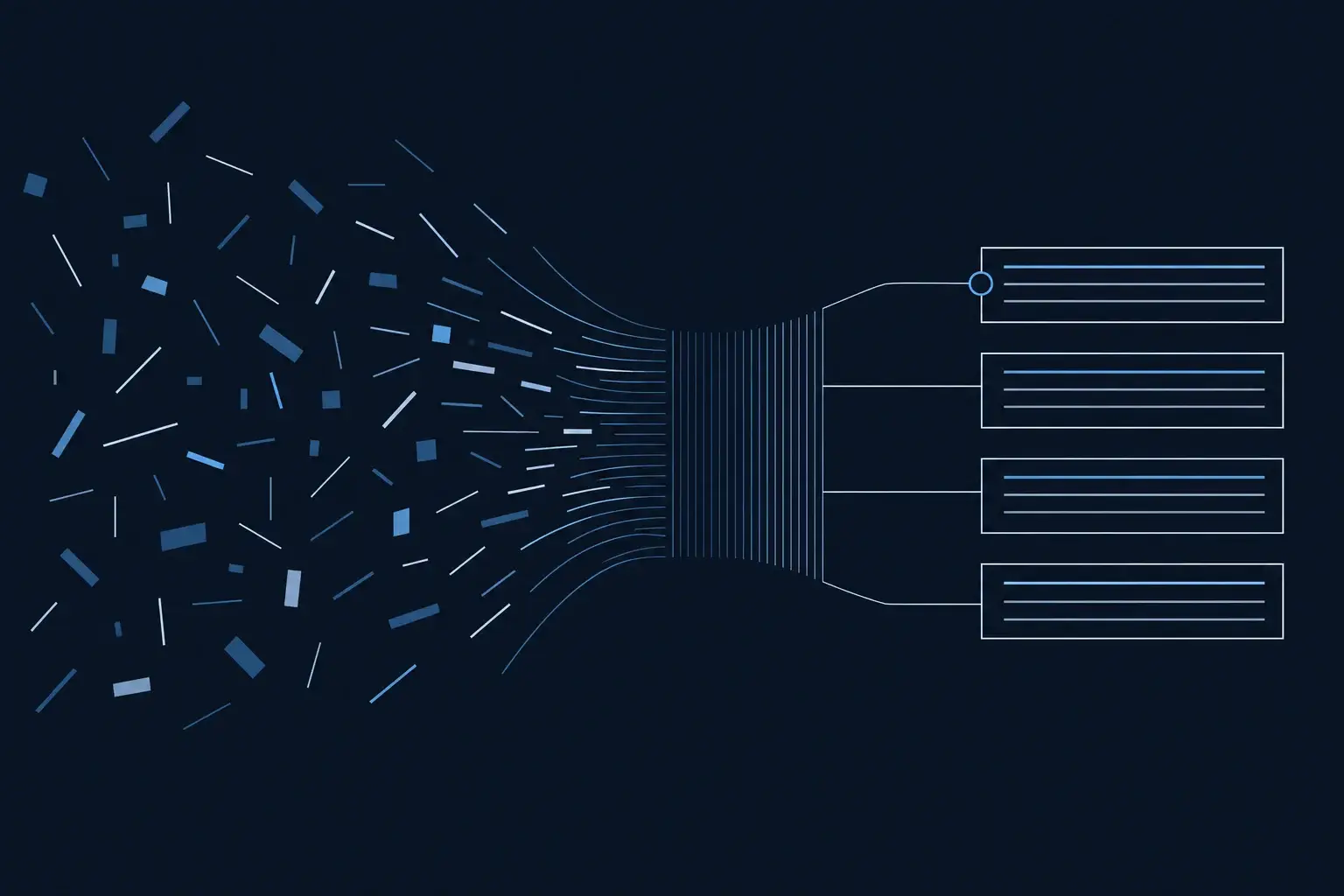 Abstract graphic: scattered fragments converging into ordered case records with a single control point