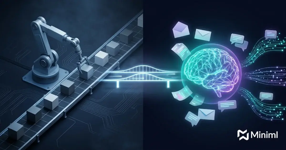 RPA vs AI shown as a rigid bot line next to an adaptive AI workflow
